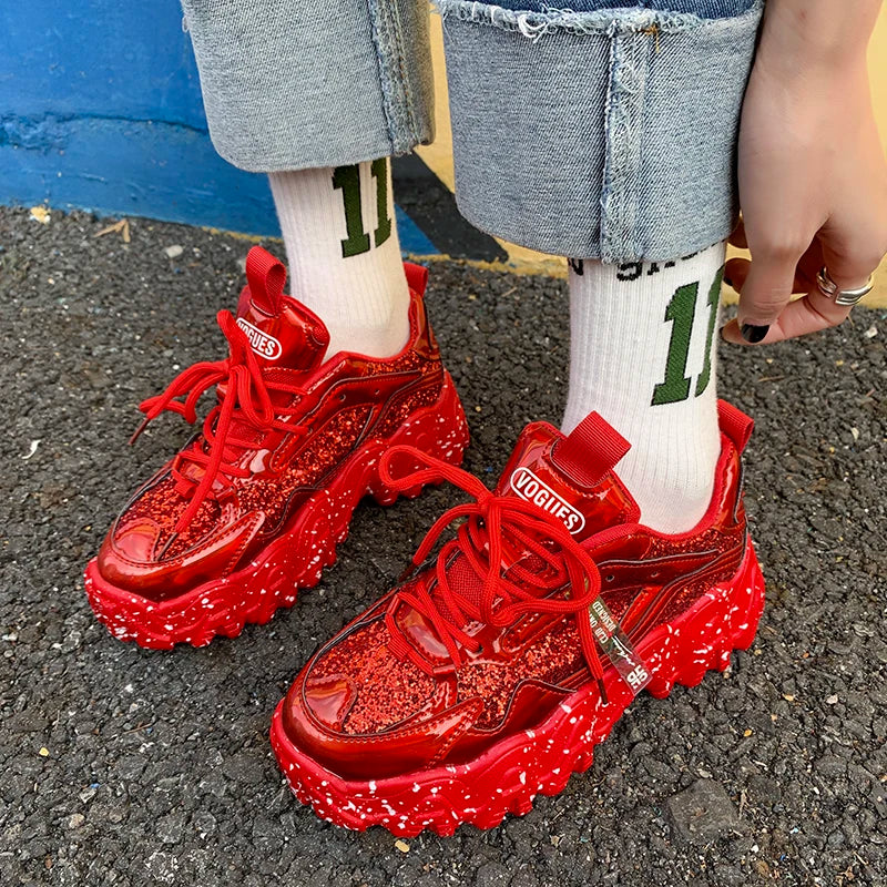 Sneakers Women Spring 2023 Fashion Sequined Cloth Bling Breathable Round Toe Leisure Chunky Women Shoes Tenis Feminino TUINANLE